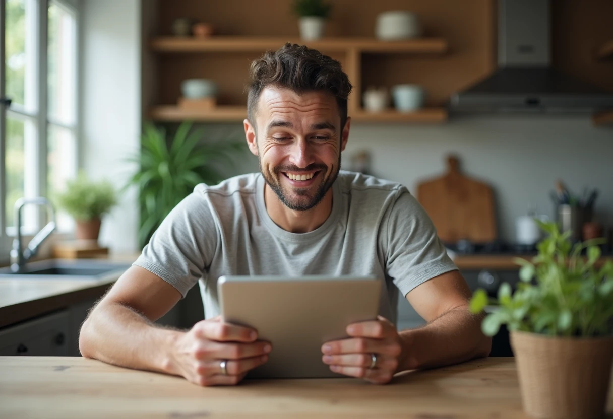 Man trying a newly added feature on his companion app on a tablet