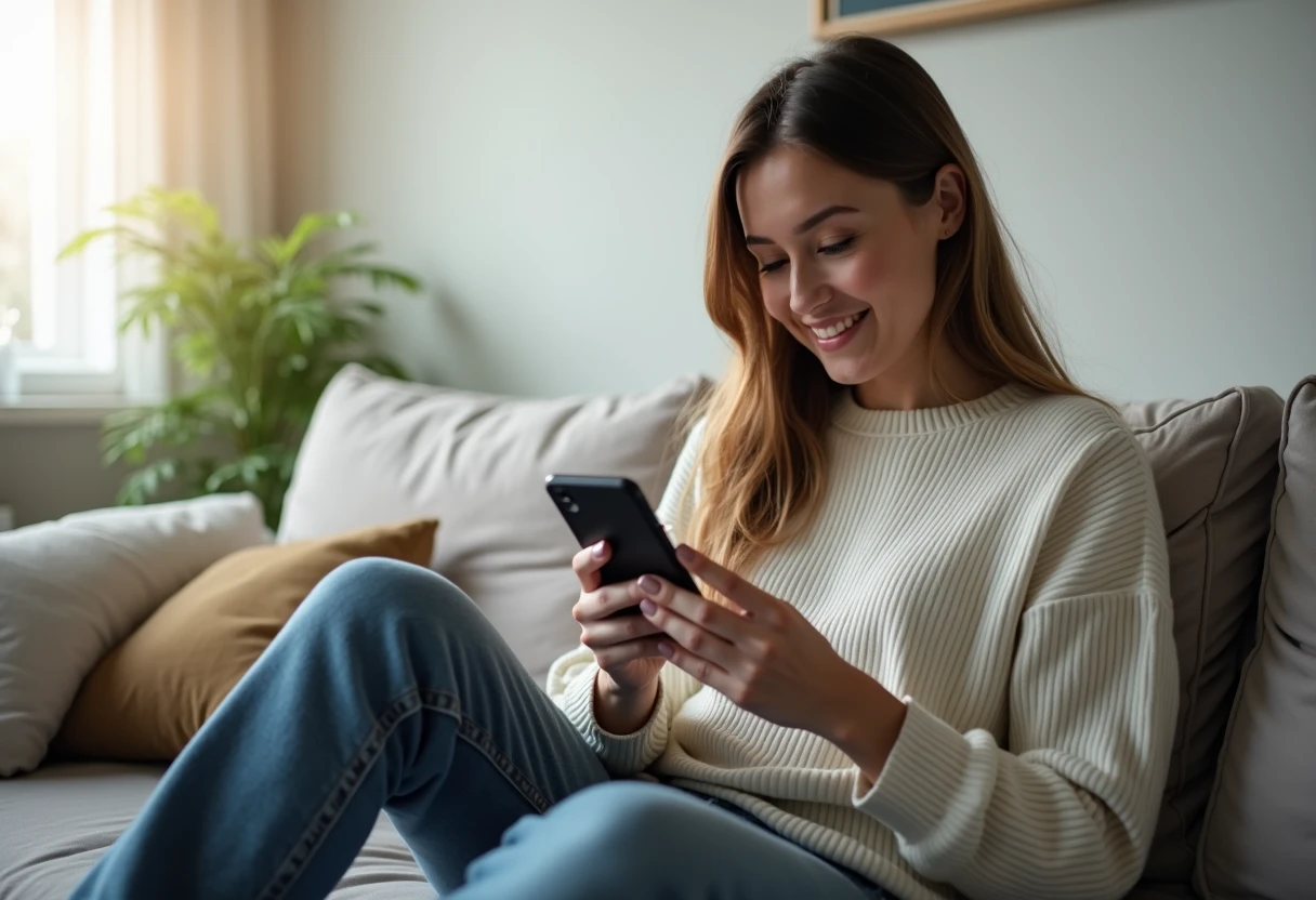 Woman sitting cross-legged on a couch typing a message on her smartphone with a small smile