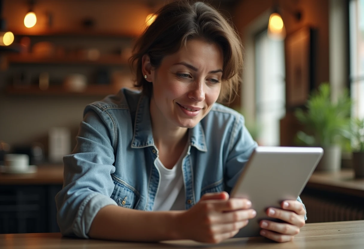Person using a tablet to upload a photo during a character customization screen
