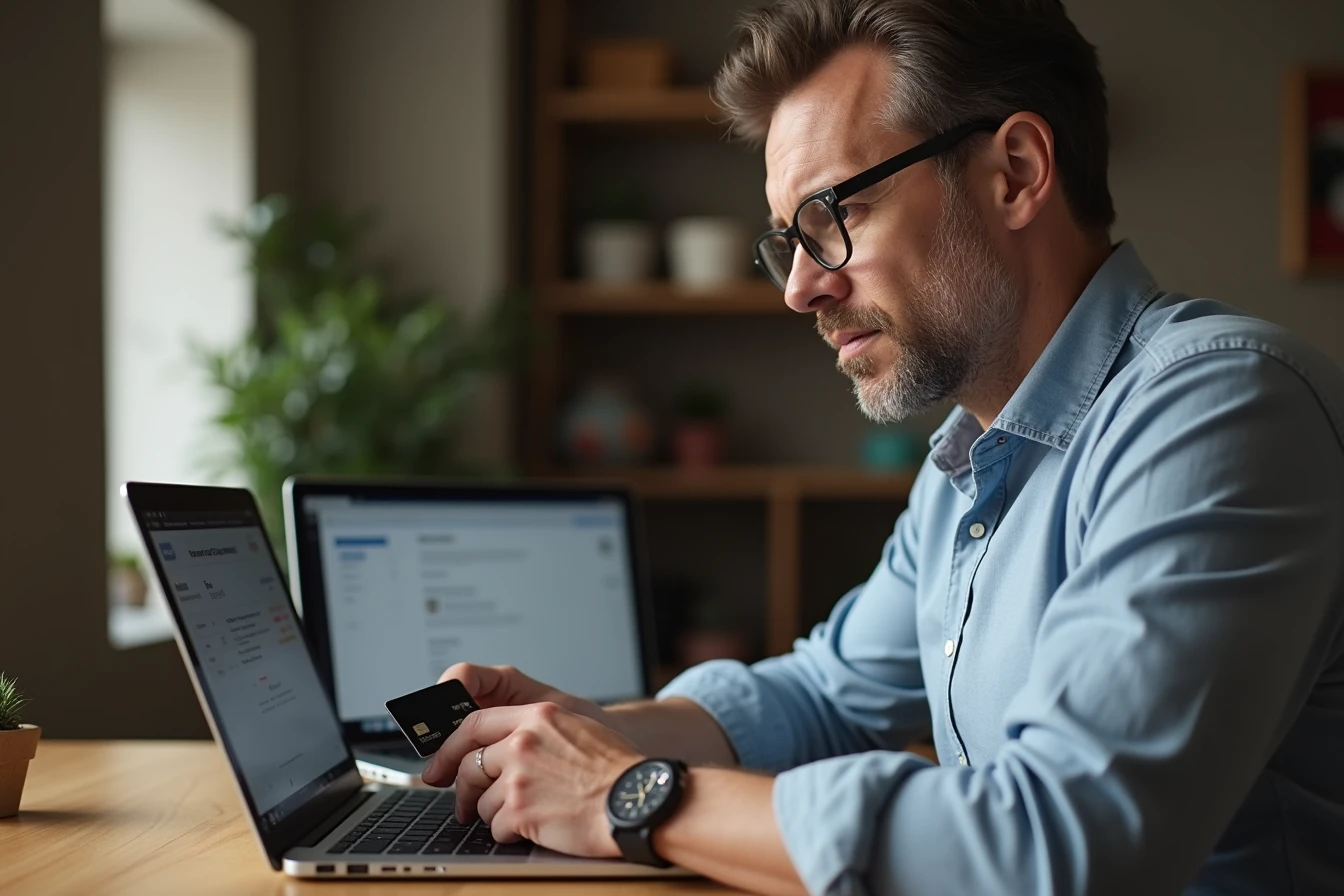Man at a home desk looking carefully at a laptop screen showing a checkout page with a cautious expression