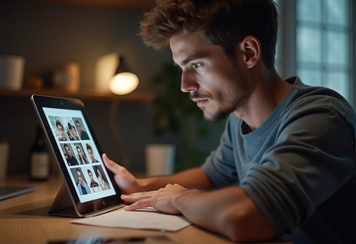 Person viewing AI-generated character images on a tablet from a companion app