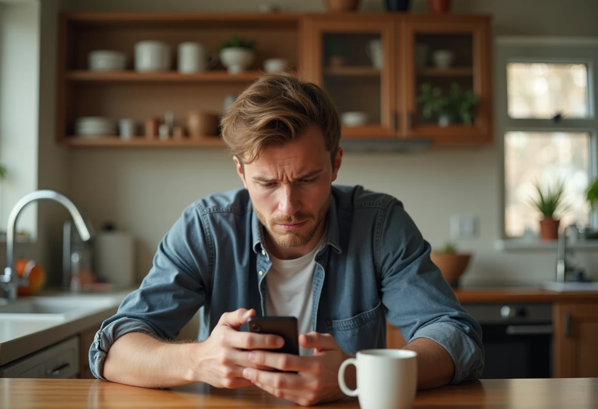 Man sitting at a kitchen table holding his smartphone and glancing at it repeatedly with a mildly impatient expression